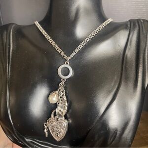 Brighton heart locket statement faux pearl silver tone necklace